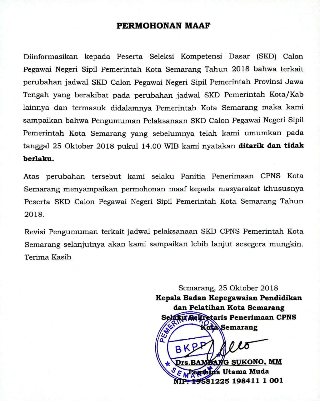 Pengumuman Perubahan Jadwal Seleksi Kompetensi Dasar CPNS Pemkot Semarang Tahun 2018