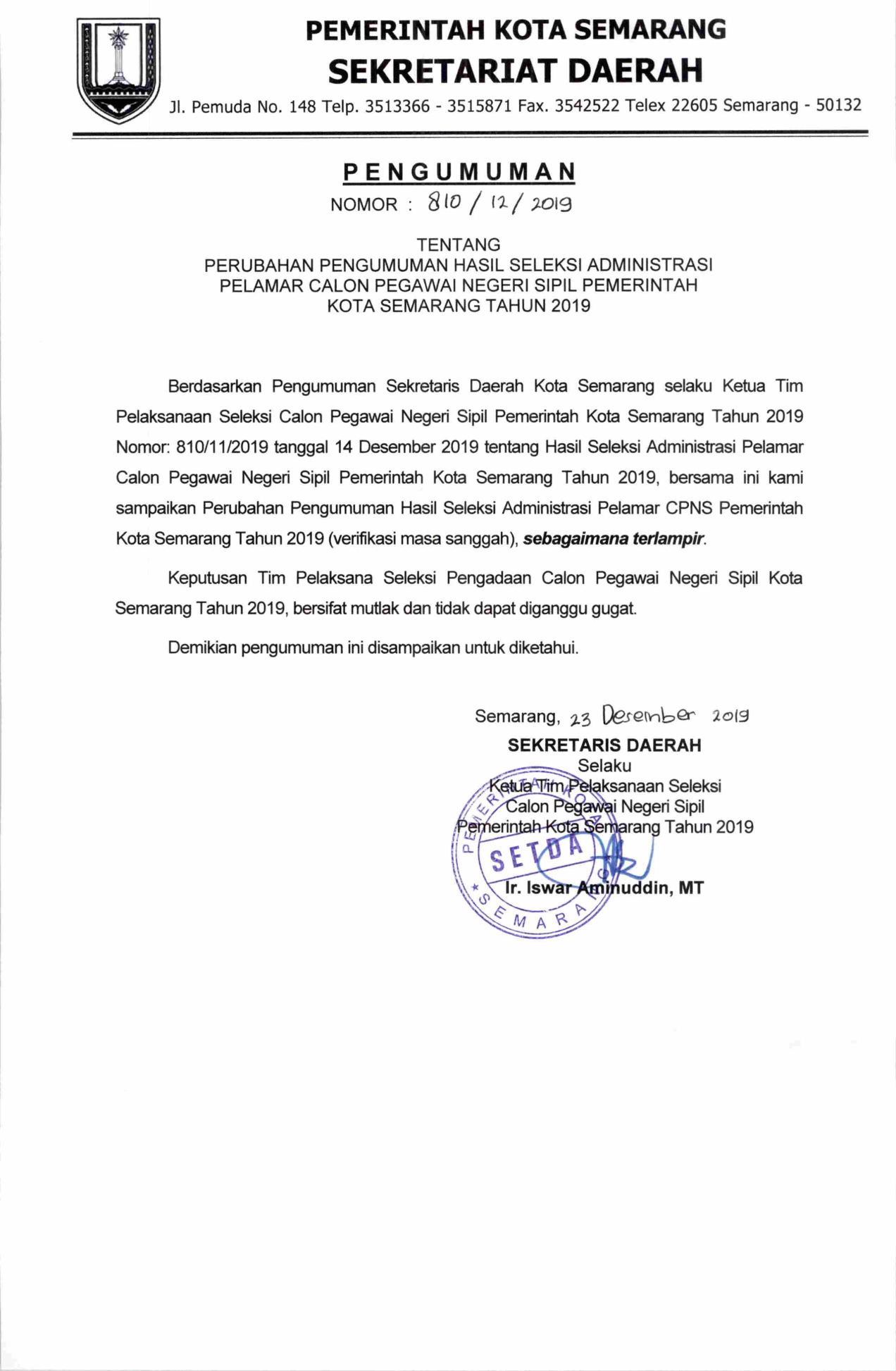 Perubahan Pengumuman Hasil Seleksi Administrasi Pelamar Calon Pegawai Negeri Sipil Pemerintah Kota Semarang Tahun 2019