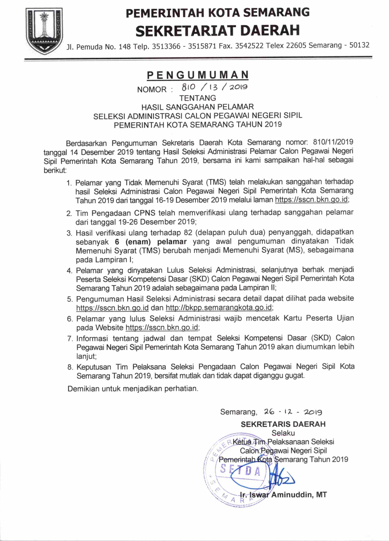 Pengumuman Hasil Sanggahan Pelamar Seleksi Administrasi  Calon Pegawai Negeri Sipil Pemerintah Kota Semarang Tahun 2019