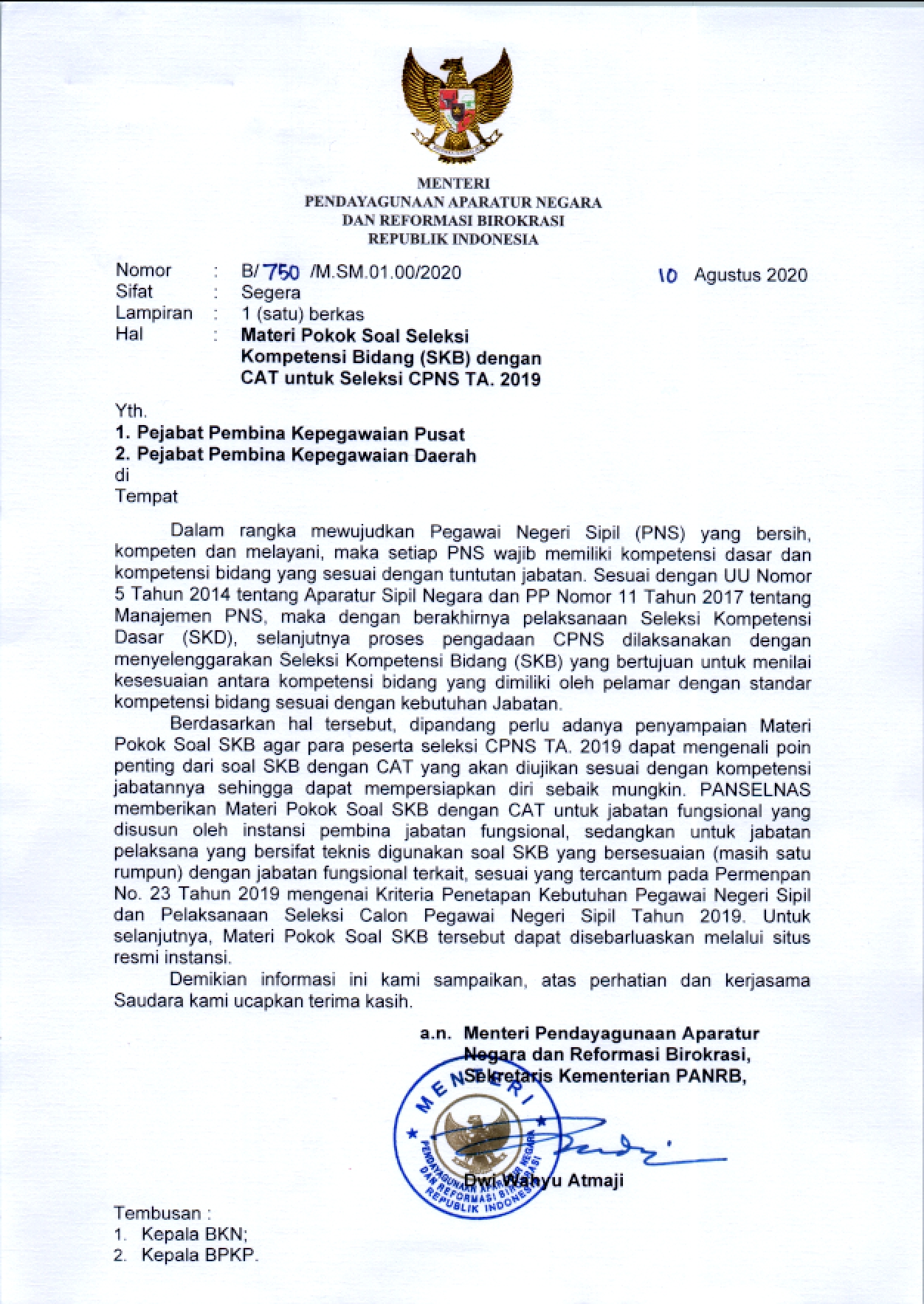Materi Pokok Soal Seleksi Kompetensi Bidang (SKB) dengan CAT untuk Seleksi CPNS TA. 2019