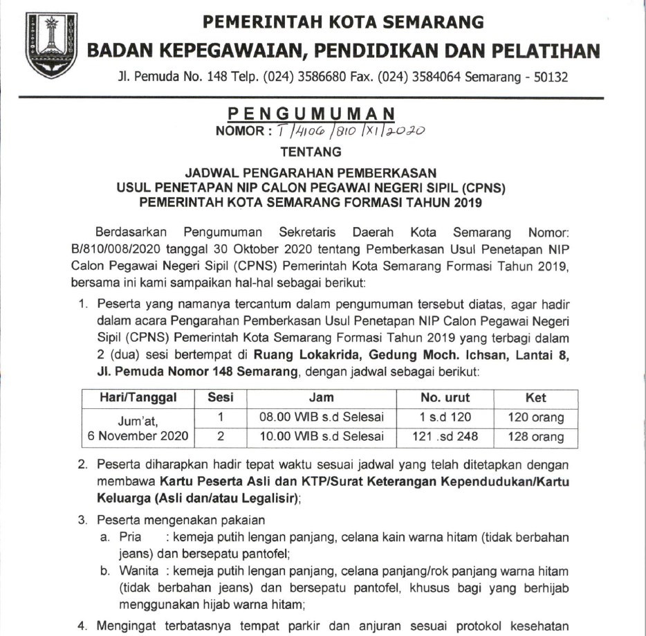 Jadwal Pengarahan Pemberkasan Usul Penetapan NIP Calon Pegawai Negeri Sipil (CPNS) Pemerintah Kota Semarang Formasi Tahun 2019