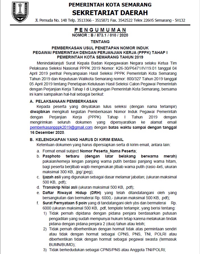 Pemberkasan Usul Penetapan Nomor Induk Pegawai Pemerintah Dengan Perjanjian Kerja (PPPK) Tahap I Pemerintah Kota Semarang Tahun 2019