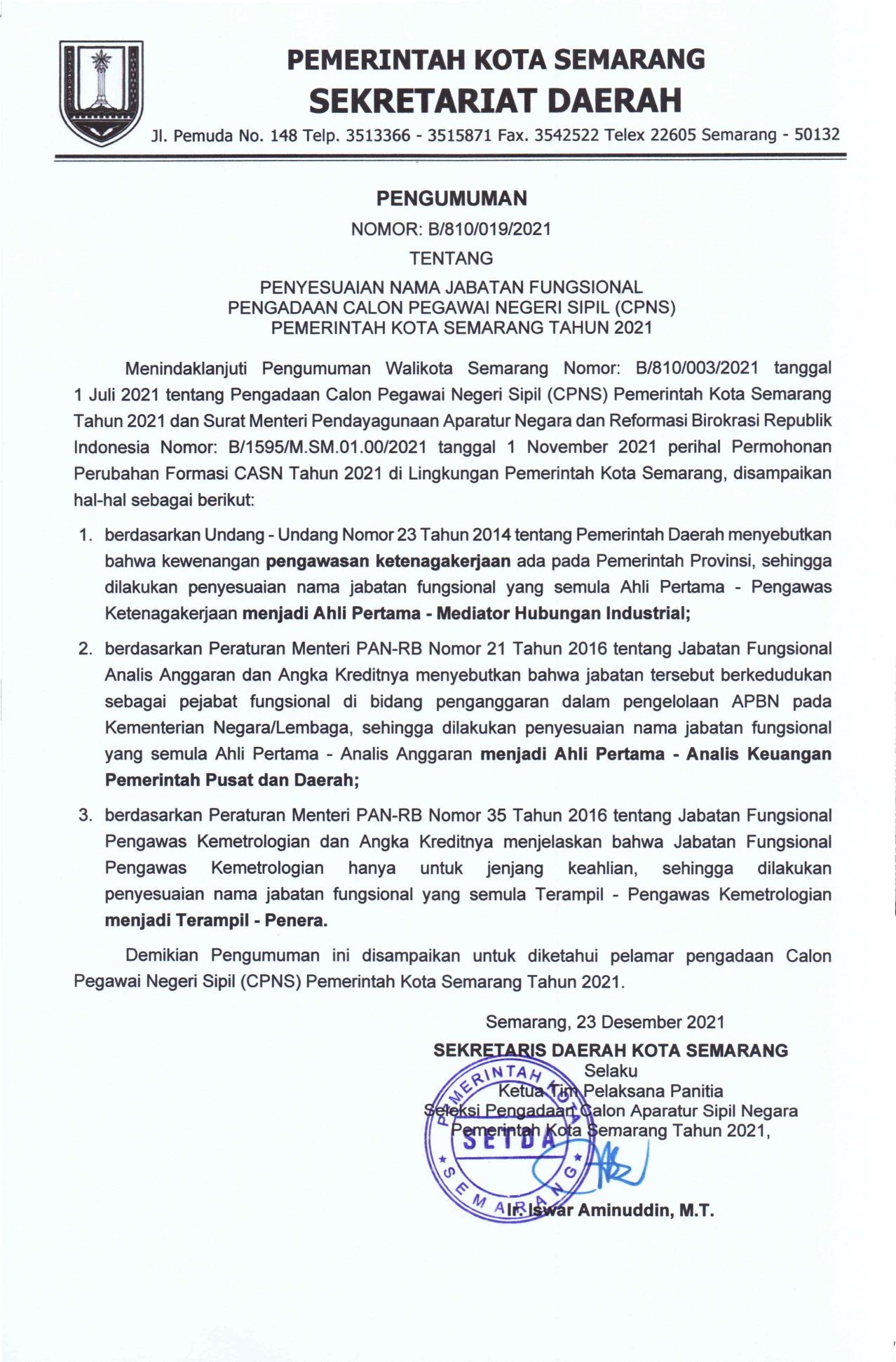 Penyesuaian Nama Jabatan Fungsional Pengadaan Calon Pegawai Negeri Sipil Pemerintah Kota Semarang Tahun 2021