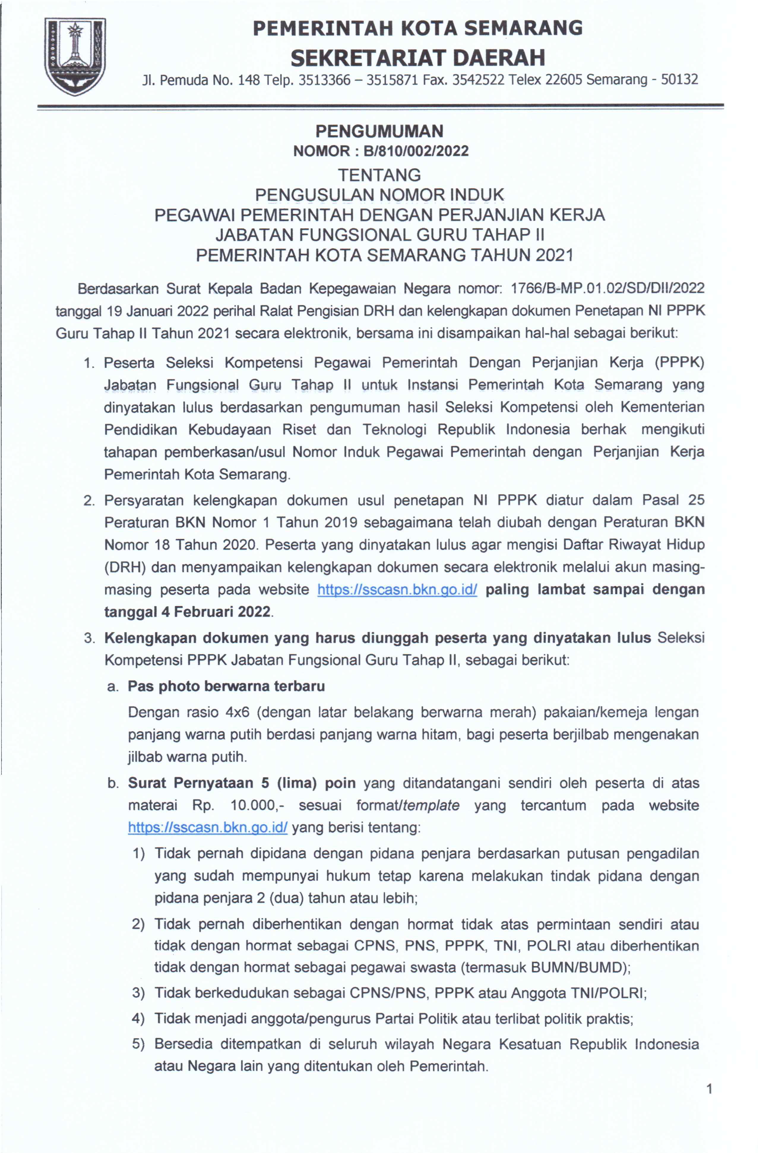 Pengumuman Pengusulan Nomor Induk Pegawai Pemerintah Dengan Perjanjian Kerja Jabatan Fungsional Guru Tahap II Pemerintah Kota Semarang Tahun 2021