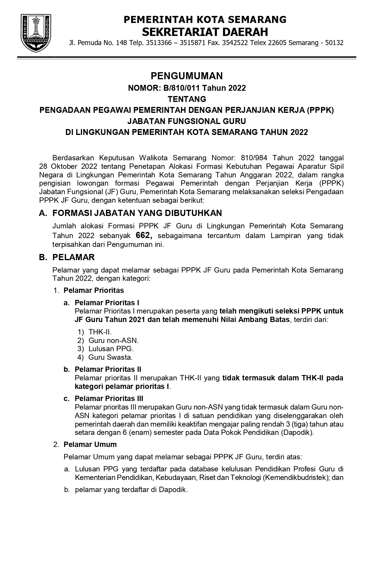 Pengumuman Pengadaan Pegawai Pemerintah Dengan Perjanjian Kerja (PPPK) Jabatan Fungsional Guru di Lingkungan Pemerintah Kota Semarang Tahun 2022