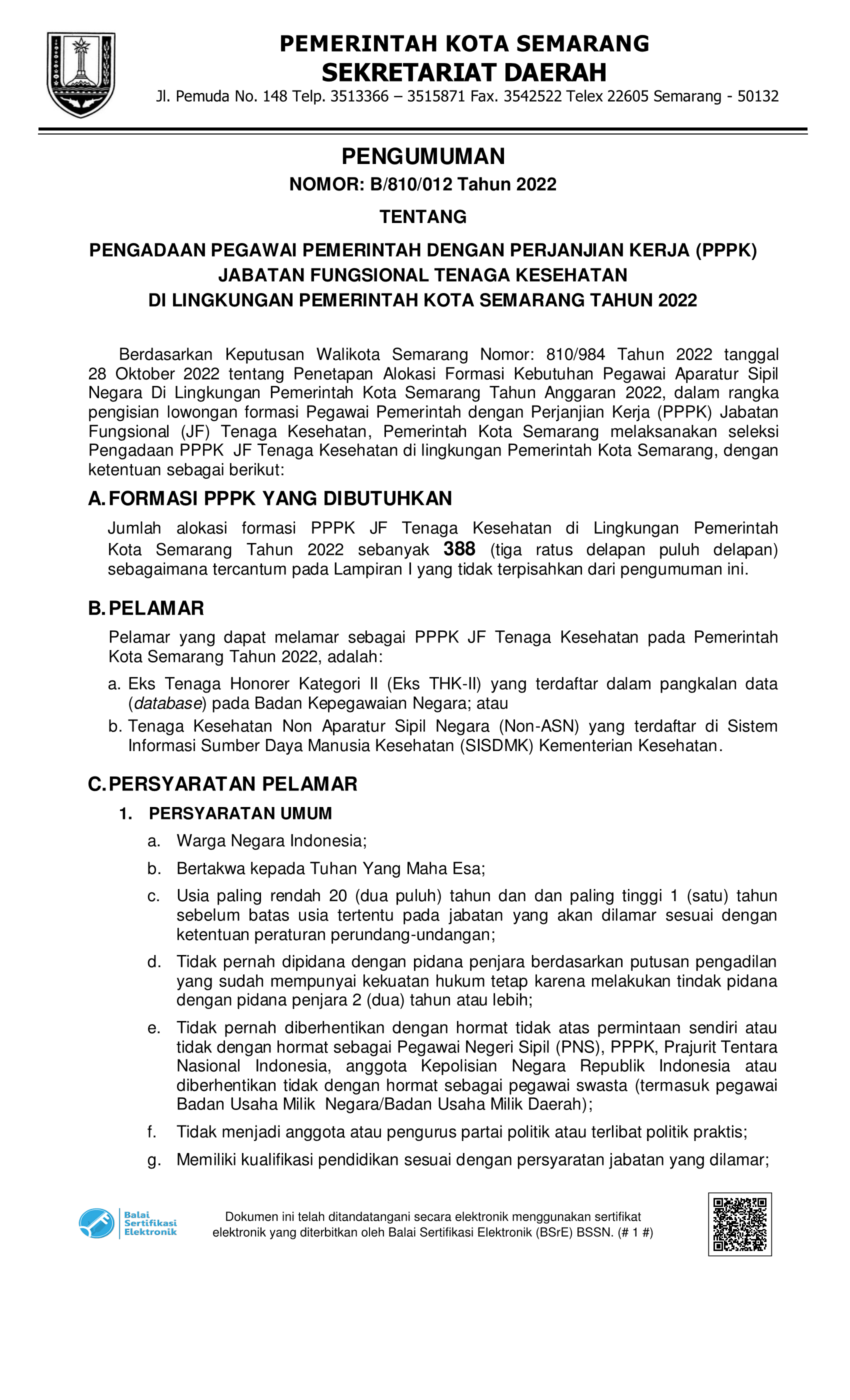 Pengumuman Pengadaan Pegawai Pemerintah Dengan Perjanjian Kerja (PPPK) Jabatan Fungsional Tenaga Kesehatan di Lingkungan Pemerintah Kota Semarang Tahun 2022