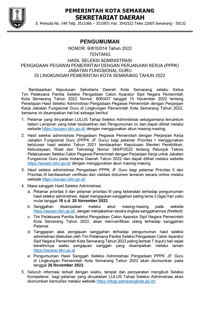 Pengumuman Hasil Seleksi Administrasi Pengadaan Pegawai Pemerintah Dengan Perjanjian Kerja (PPPK) Jabatan Fungsional Guru di Lingkungan Pemerintah Kota Semarang Tahun 2022