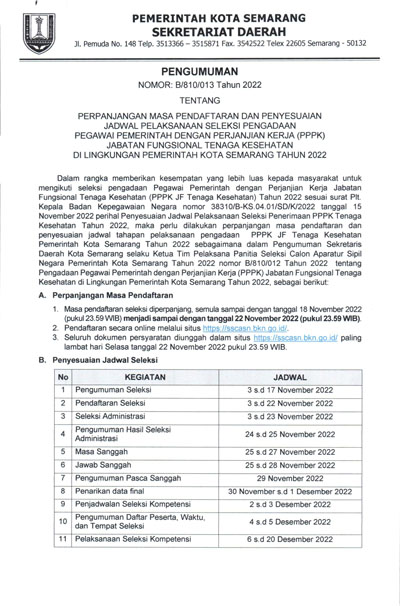 Pengumuman Perpanjangan Masa Pendaftaran dan Penyesuaian Jadwal Pelaksanaan Seleksi Pengadaan Pegawai Pemerintah Dengan Perjanjian Kerja (PPPK) Jabatan Fungsional Tenaga Kesehatan di Lingkungan Pemerintah Kota Semarang Tahun 2022