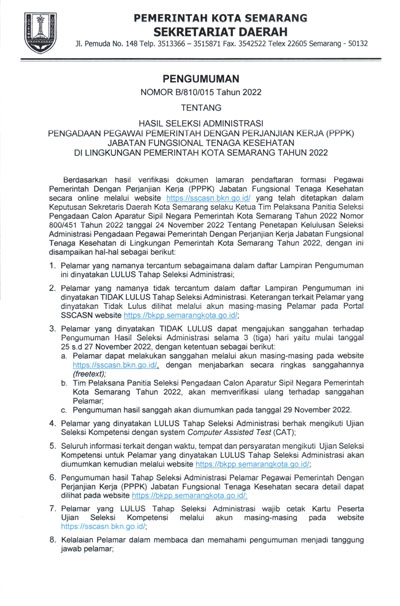 Pengumuman Hasil Seleksi Administrasi Pengadaan Pegawai Pemerintah Dengan Perjanjian Kerja (PPPK) Jabatan Fungsional Tenaga Kesehatan di Lingkungan Pemerintah Kota Semarang Tahun 2022
