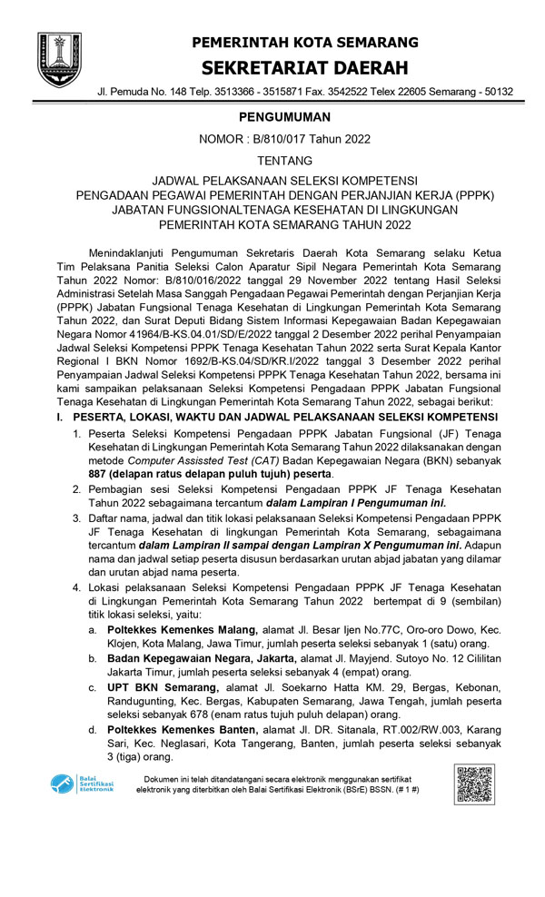 Pengumuman Jadwal Pelaksanaan Seleksi Kompetensi Pengadaan Pegawai Pemerintah Dengan Perjanjian Kerja (PPPK) Jabatan Fungsional Tenaga Kesehatan di Lingkungan Pemerintah Kota Semarang Tahun 2022