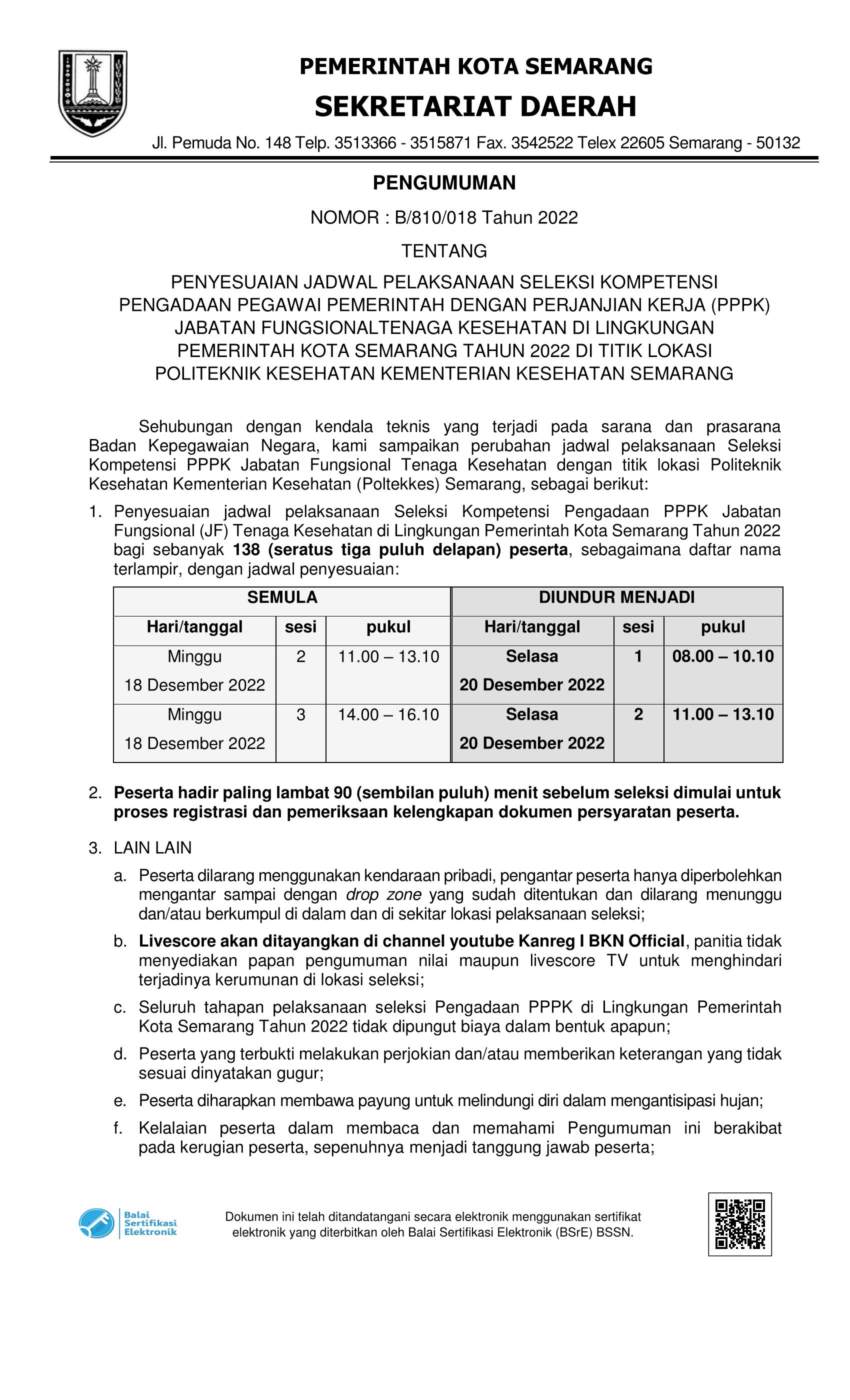 Penyesuaian Jadwal Pelaksanaan Seleksi Kompetensi Pengadaan PPPK Jabatan Fungsional Tenaga Kesehatan Pemkot Semarang 2022 di Titik Lokasi Politeknik Kesehatan Kemenkes Semarang