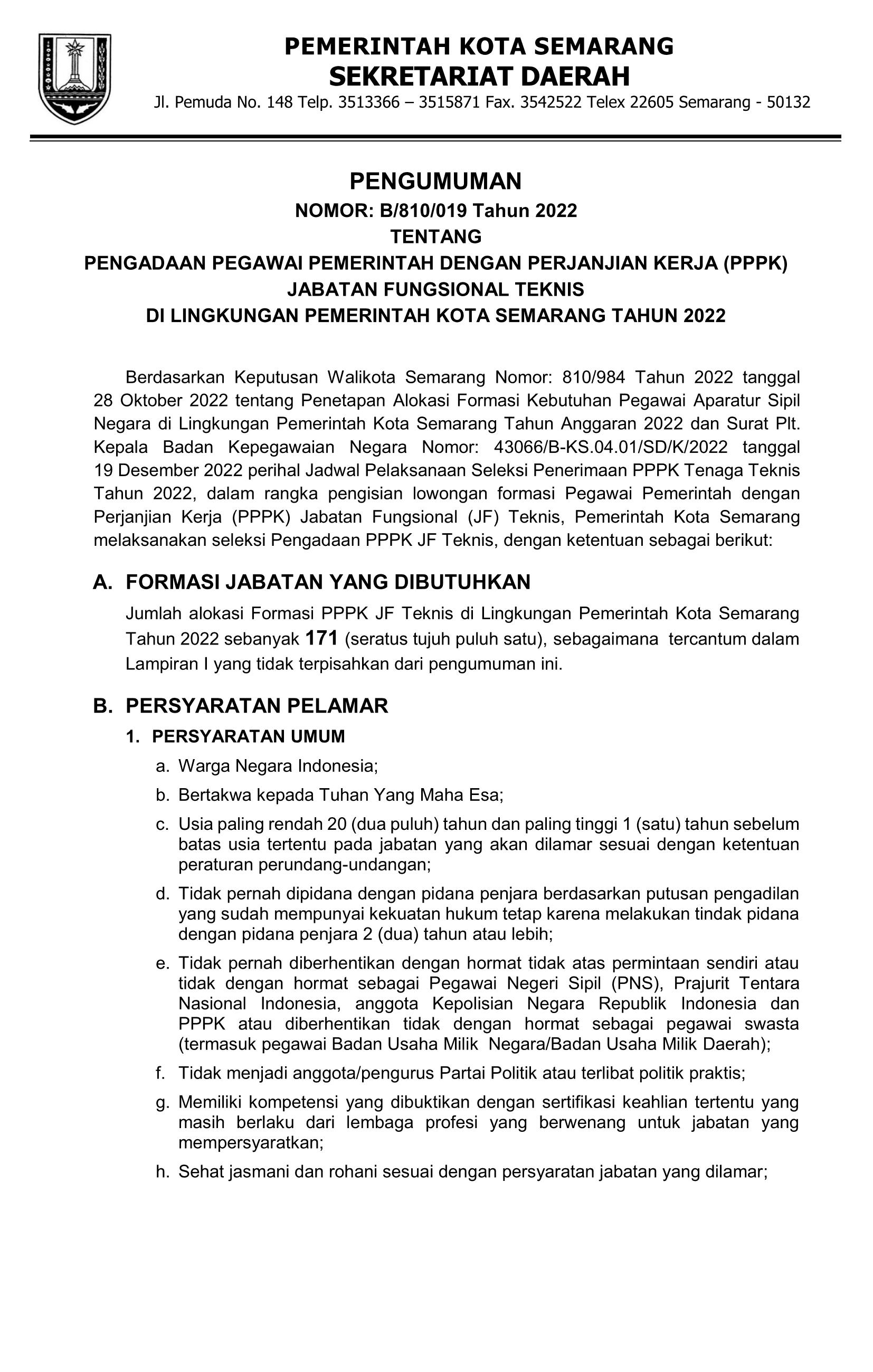Pengumuman Pengadaan PPPK Jabatan Fungsional Teknis di Lingkungan Pemkot Semarang Tahun 2022