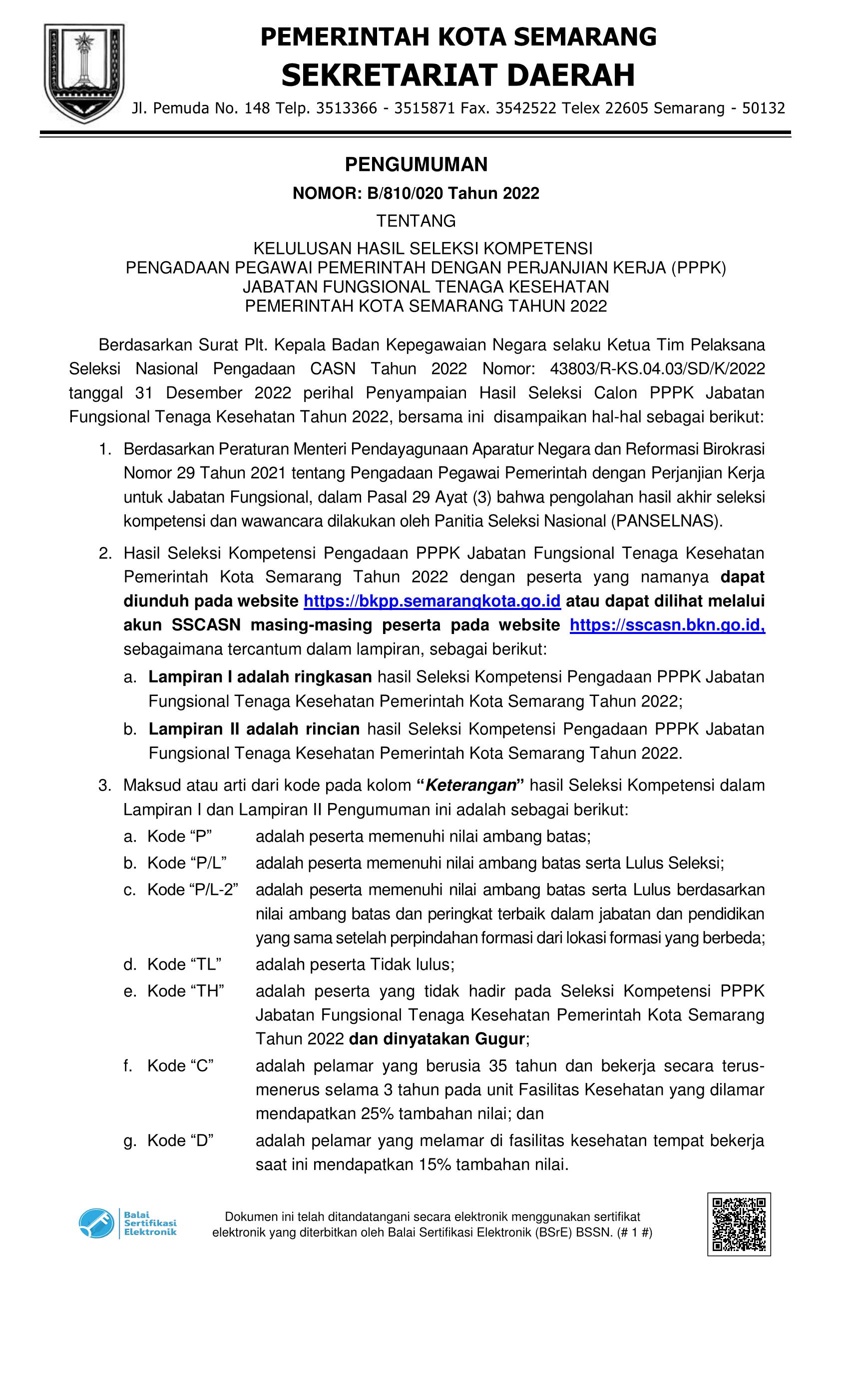 Pengumuman Kelulusan Hasil Seleksi Kompetensi Pengadaan Pegawai Pemerintah dengan Perjanjian Kerja (PPPK) Jabatan Fungsional Tenaga Kesehatan Pemerintah Kota Semarang Tahun 2022
