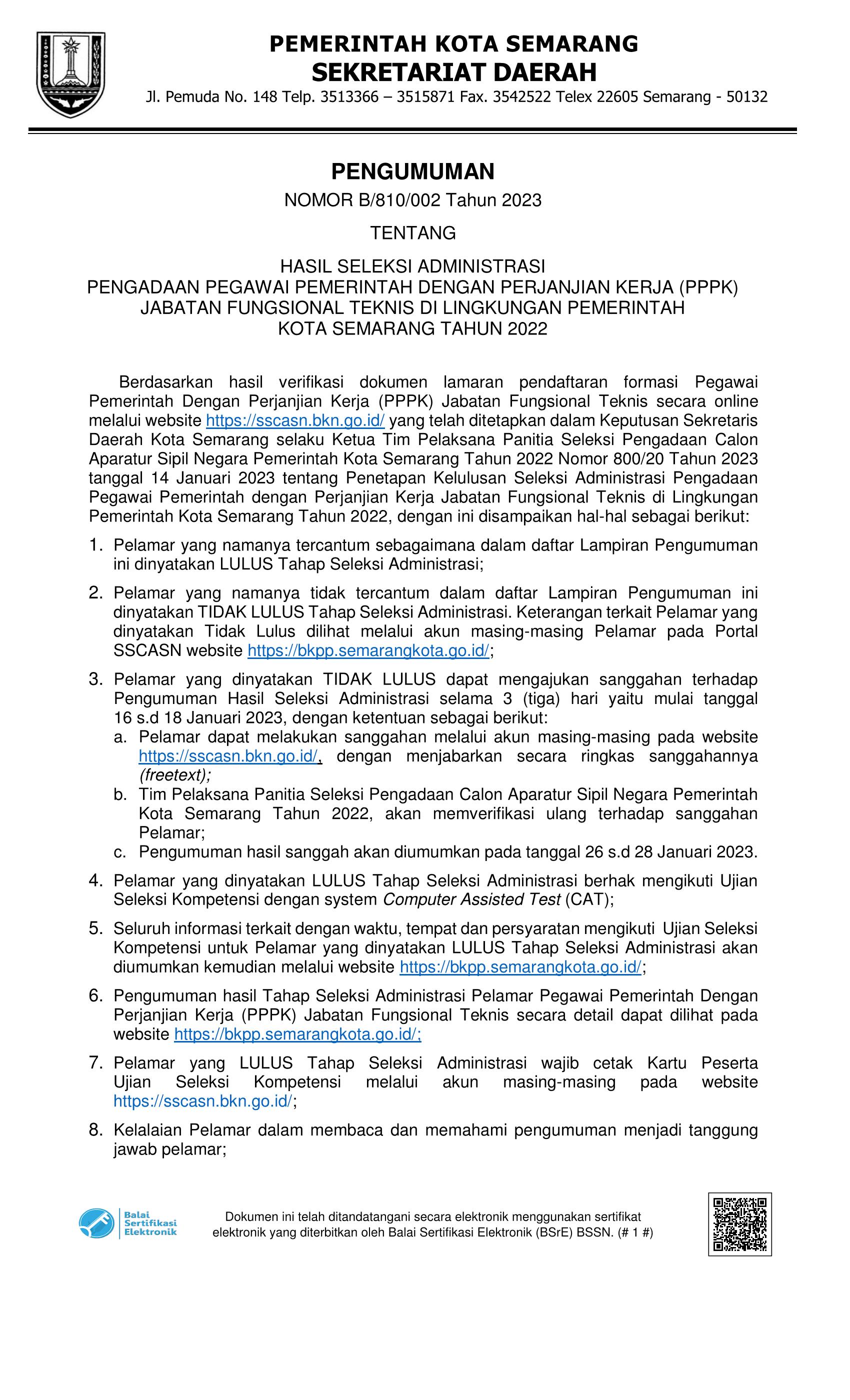 Pengumuman Hasil Seleksi Administrasi Pengadaan Pegawai Pemerintah Dengan Perjanjian Kerja (PPPK) Jabatan Fungsional Teknis di Lingkungan Pemerintah Kota Semarang Tahun 2022
