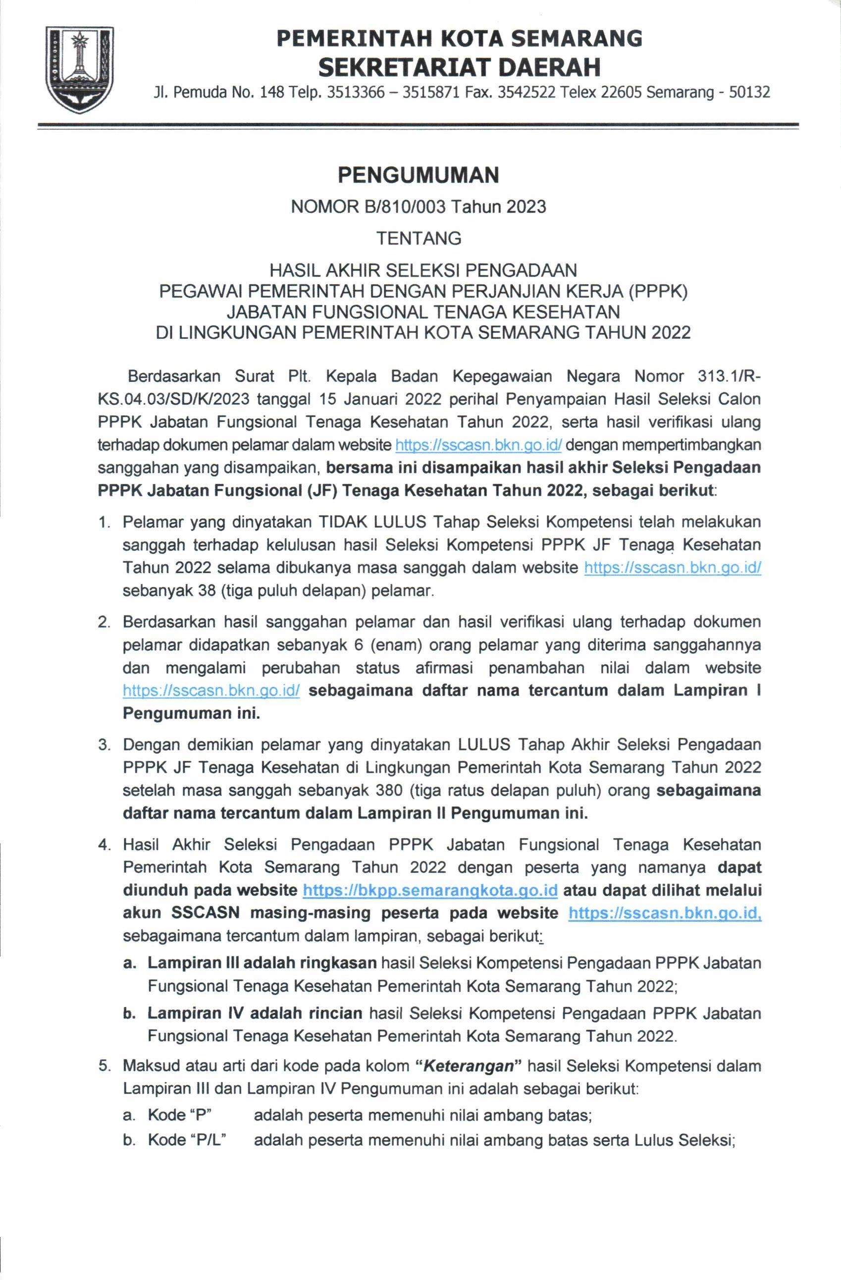Pengumuman Hasil Akhir Seleksi Pengadaan PPPK Jabatan Fungsional Tenaga Kesehatan di Lingkungan Pemerintah Kota Semarang Tahun 2022