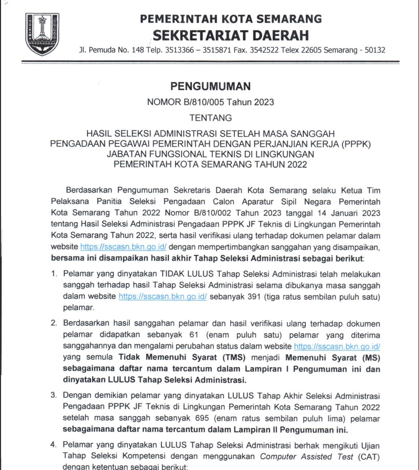 Pengumuman Hasil Seleksi Administrasi Setelah Masa Sanggah Pengadaan Pegawai Pemerintah Dengan Perjanjian Kerja (PPPK) Jabatan Fungsional Teknis di Lingkungan Pemerintah Kota Semarang Tahun 2022