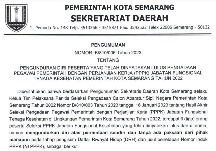 Pengumuman Pengunduran Diri Peserta Yang Telah Dinyatakan Lulus Pengadaan PPPK Fungsional Tenaga Kesehatan Pemkot Semarang 2022