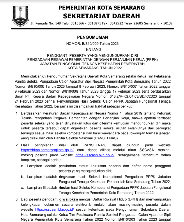 Pengumuman Pengganti Peserta yang Mengundurkan Diri Pengadaan PPPK Jabatan Fungsional Tenaga Kesehatan di Lingkungan Pemerintah Kota Semarang Tahun 2022