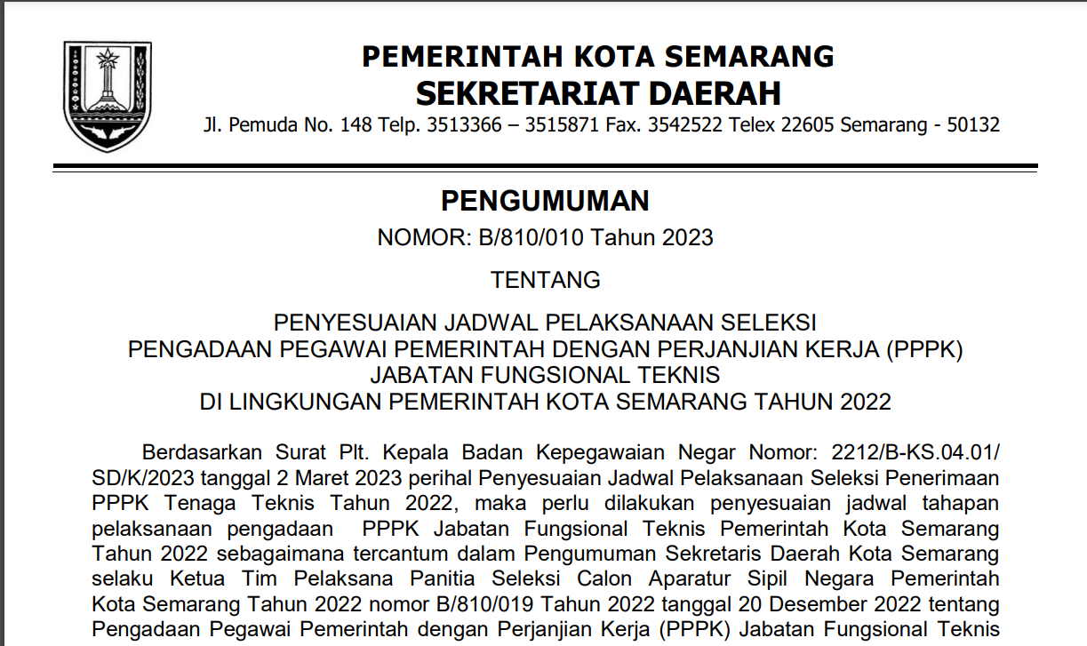 Penyesuaian Jadwal Pelaksanaan Seleksi PPPK Jabatan Fungsional Teknis Di Lingkungan Pemerintah Kota Semarang Tahun 2022