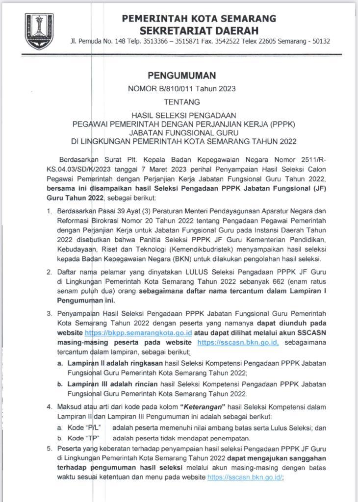 Hasil Seleksi Pengadaan Pegawai Pemerintah Dengan Perjanjian Kerja Jabatan Fungsional Guru Di Lingkungan Pemerintah Kota Semarang atahun 2022