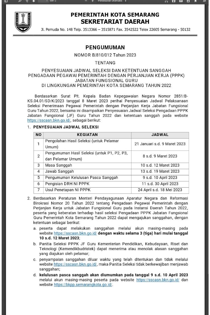 Penyesuaian Jadwal Seleksi dan Ketentuan Sanggah Pengadaan Pegawai Pemerintah Dengan Perjanjian Kerja (PPPK) Jabatan Fungsional Guru di Lingkungan Pemerintah Kota Semarang Tahun 2022