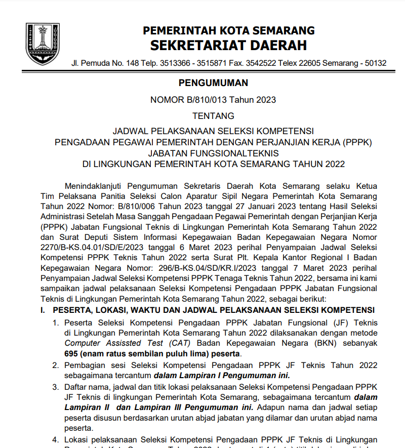 Pengumuman Jadwal Pelaksanaan Seleksi Kompetensi Pengadaan Pegawai Pemerintah Dengan Perjanjian Kerja (PPPK) Jabatan Fungsional Teknis di Lingkungan Pemerintah Kota Semarang Tahun 2022