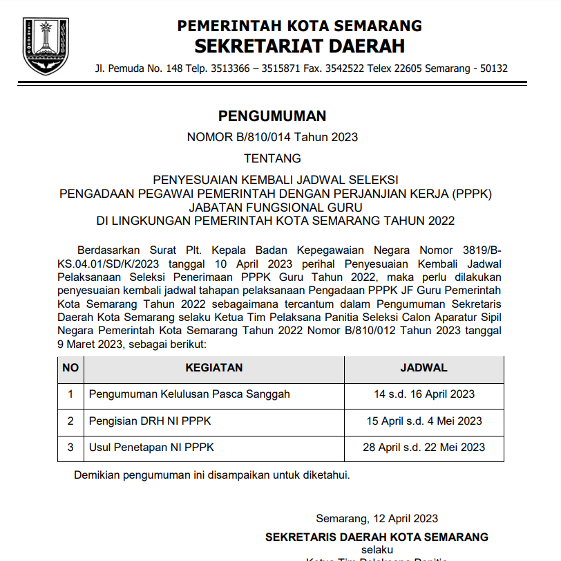 Pengumuman Penyesuaian Kembali Jadwal Seleksi Pengadaan Pegawai Pemerintah Dengan Perjanjian Kerja (PPPK) Jabatan Fungsional Guru di Lingkungan Pemerintah Kota Semarang Tahun 2022