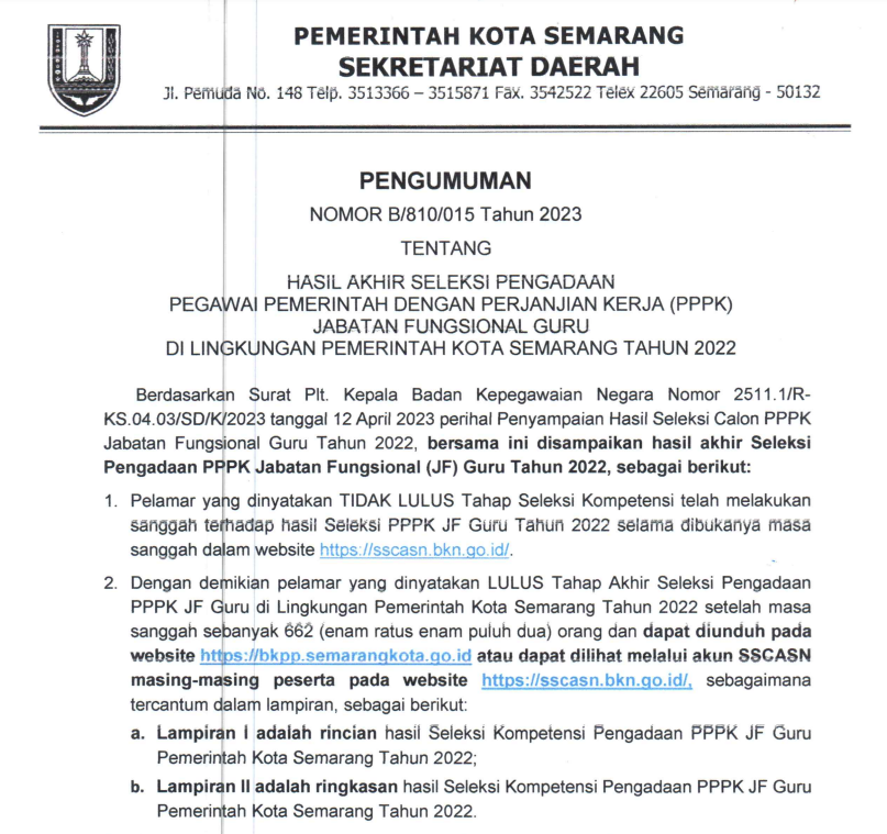 Pengumuman Hasil Akhir Seleksi Pengadaan Pegawai Pemerintah Dengan Perjanjian Kerja (PPPK) Jabatan Fungsional Guru di Lingkungan Pemerintah Kota Semarang Tahun 2022