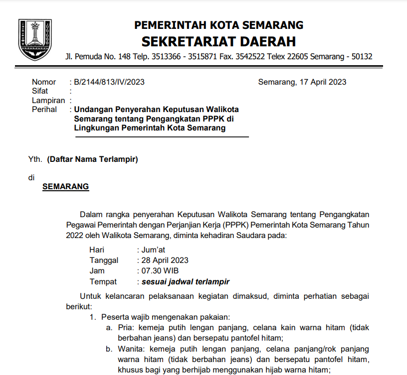 Undangan Penyerahan Keputusan Walikota Semarang tentang Pengangkatan PPPK Tenaga Kesehatan di Lingkungan Pemerintah Kota Semarang