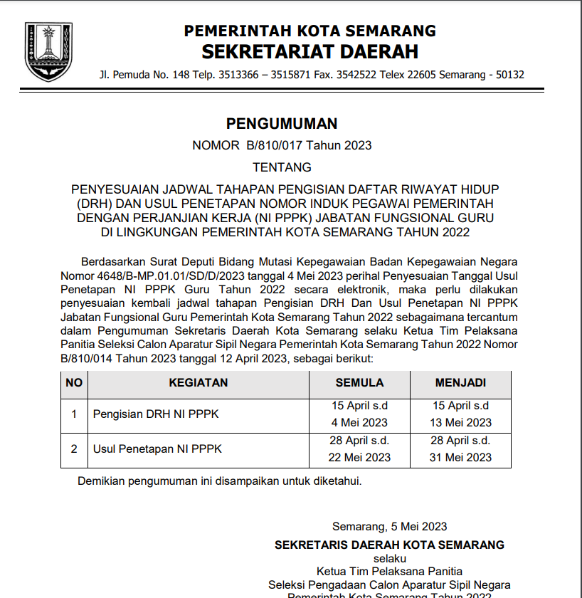 Pengumuman Penyesuaian Jadwal Tahapan Pengisian Daftar Riwayat Hidup (DRH) Dan Usul Penetapan Nomor Induk Pegawai Pemerintah Dengan Perjanjian Kerja (NI PPPK) Jabatan Fungsional Guru Di Lingkungan Pemerintah Kota Semarang Tahun 2022