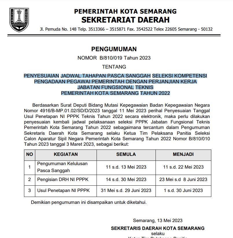 Pengumuman Penyesuaian Jadwal Tahapan Pasca Sanggah Seleksi Kompetensi Pengadaan Pegawai Pemerintah Dengan Perjanjian Kerja (PPPK) Jabatan Fungsional Teknis Pemerintah Kota Semarang Tahun 2022