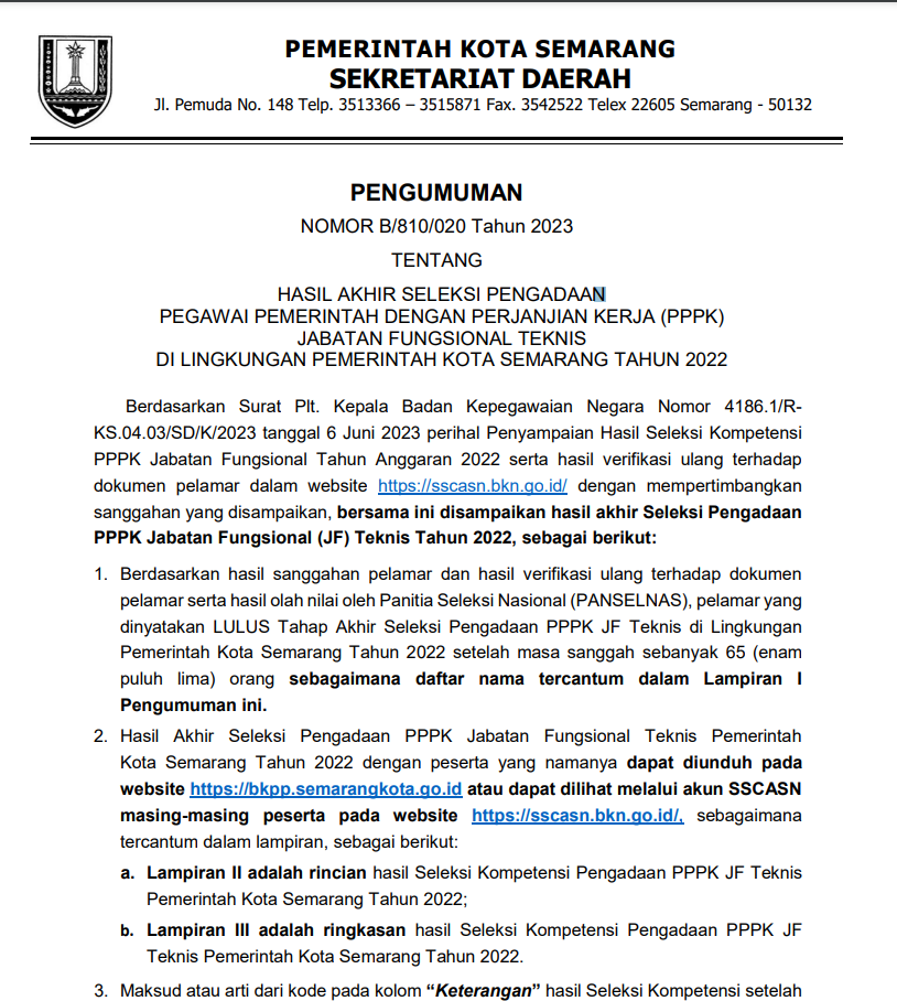 Hasil Akhir Seleksi Pengadaan Pegawai Pemerintah Dengan Perjanjian Kerja (PPPK) Jabatan Fungsional Teknis Di Lingkungan Pemerintah Kota Semarang Tahun 2022