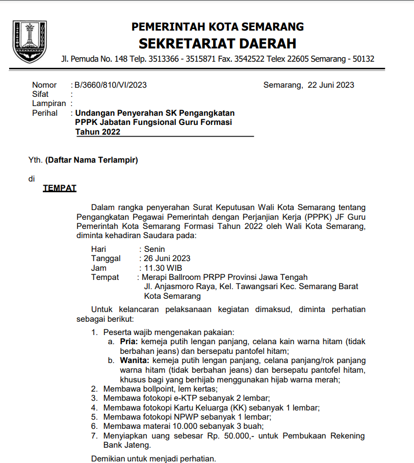 Undangan Penyerahan SK Pengangkatan PPPK Jabatan Fungsional Guru Formasi Tahun 2022