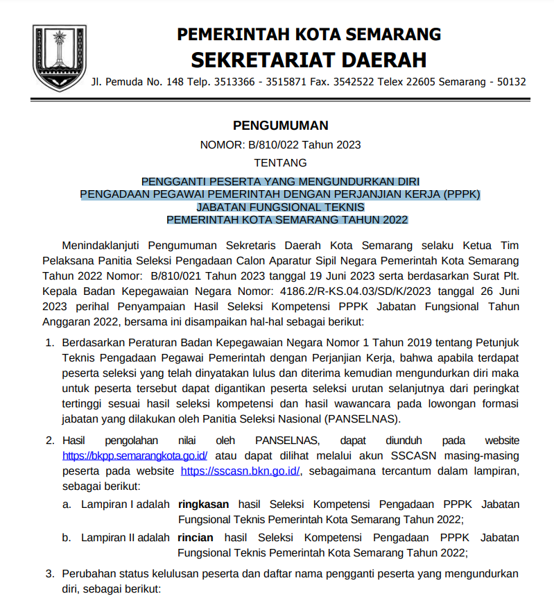 Pengganti Peserta Yang Mengundurkan Diri Pengadaan Pegawai Pemerintah Dengan Perjanjian Kerja (PPPK) Jabatan Fungsional Teknis Pemerintah Kota Semarang Tahun 2022