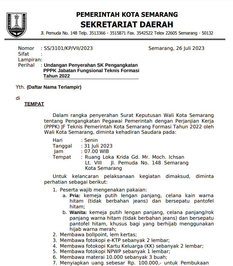 Undangan Penyerahan SK Pengangkatan PPPK Jabatan Fungsional Teknis Formasi Tahun 2022.