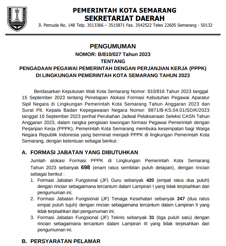 PENGUMUMAN PENGADAAN PEGAWAI PEMERINTAH DENGAN PERJANJIAN KERJA (PPPK) DI LINGKUNGAN PEMERINTAH KOTA SEMARANG TAHUN 2023