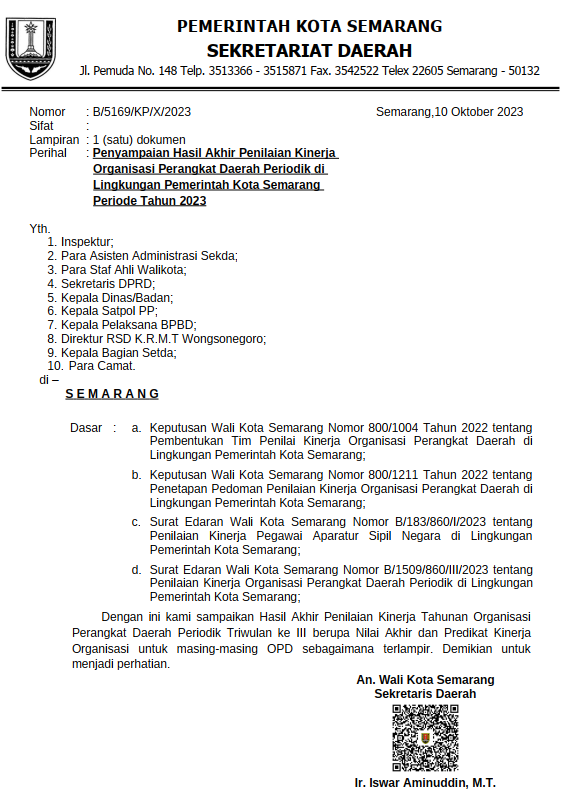 Pengumuman Nomor: B/5169/KP/X/2023 tentang Penyampaian Hasil Akhir Penilaian Kinerja Organisasi Perangkat Daerah Periodik di Lingkungan Pemerintah Kota Semarang Periode Tahun 2023