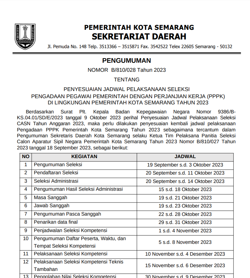 Penyesuaian Jadwal Pelaksanaan Seleksi Pengadaan Pegawai Pemerintah Dengan  Perjanjian Kerja (PPPK) di Lingkungan Pemerintah Kota Semarang Tahun 2023