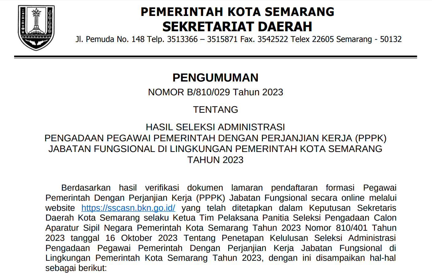Hasil Seleksi Administrasi Pengadaan Pegawai Pemerintah dengan Perjanjian Kerja (PPPK) Jabatan Fungsional di Lingkungan Pemerintah Kota Semarang Tahun 2023