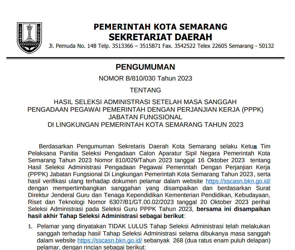Hasil Seleksi Administrasi Setelah Masa Sanggah Pengadaan Pegawai Pemerintah Dengan Perjanjian Kerja (PPPK) Jabatan Fungsional di Lingkungan Pemerintah Kota Semarang Tahun 2023