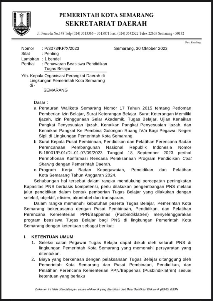 Penawaran Beasiswa Pendidikan Tugas Belajar Pemerintah Kota Semarang - Bappenas Tahun 2023