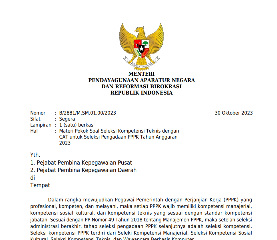 Materi Pokok Soal Seleksi Kompetensi Teknis CAT PPPK Formasi Tahun 2023