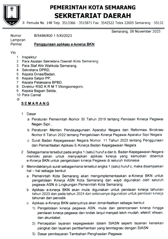 SURAT EDARAN TENTANG PENGGUNAAN APLIKASI E-KINERJA BKN
