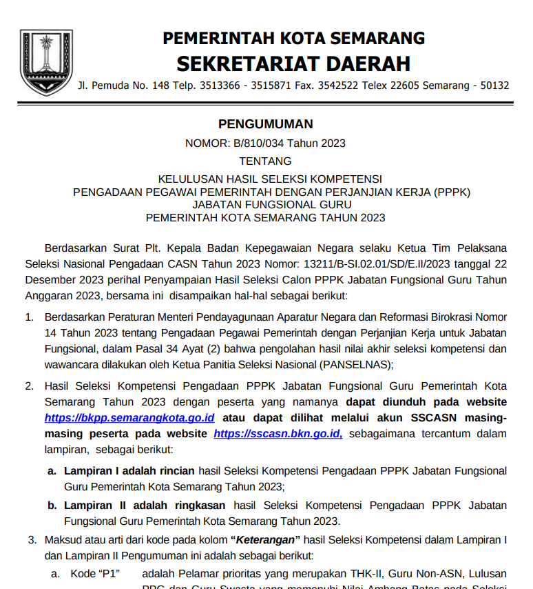 PENGUMUMAN KELULUSAN HASIL SELEKSI KOMPETENSI PENGADAAN PEGAWAI PEMERINTAH DENGAN PERJANJIAN KERJA (PPPK) JABATAN FUNGSIONAL GURU PEMERINTAH KOTA SEMARANG TAHUN 2023