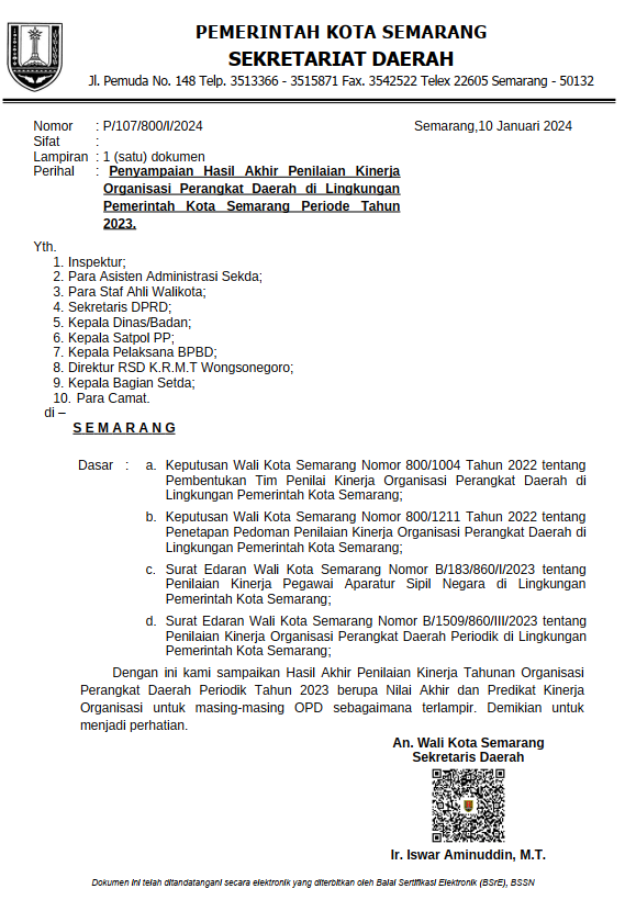 Pengumuman Nomor: P/107/800/I/2024 tentang Penyampaian Hasil Akhir Penilaian Kinerja Organisasi Perangkat Daerah Periodik di Lingkungan Pemerintah Kota Semarang Periode Tahun 2023