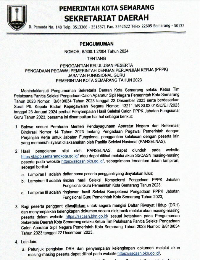 Penggantian Kelulusan Peserta Pengadaan Pegawai Pemerintah dengan Perjanjian Kerja (PPPK) Jabatan Fungsional Guru Pemerintah Kota Semarang Tahun 2023