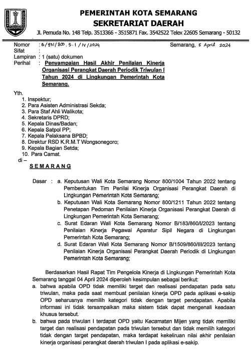 Pengumuman Nomor: B/931/800.5.1/IV/2024 tentang Penyampaian Hasil Akhir Penilaian Kinerja Organisasi Perangkat Daerah Periodik Triwulan I di Lingkungan Pemerintah Kota Semarang Tahun 2024