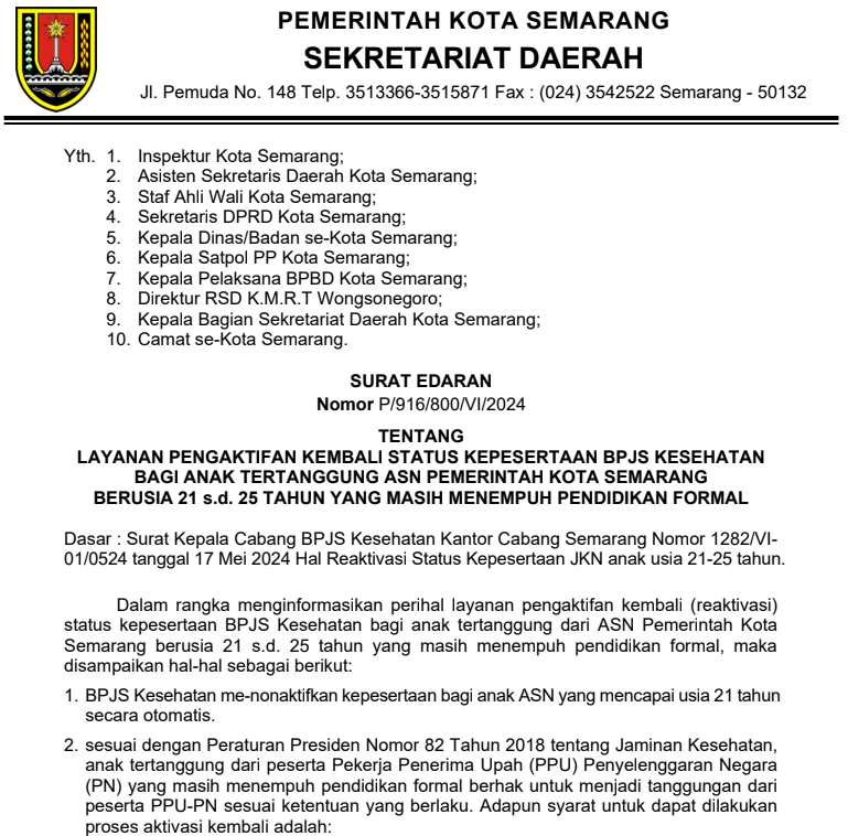 Layanan Pengaktifan Kembali Status Kepesertaan BPJS Kesehatan bagi Anak Tertanggung ASN Pemerintah Kota Semarang berusia 21 s.d. 25 Tahun yang Masih Menempuh Pendidikan Formal