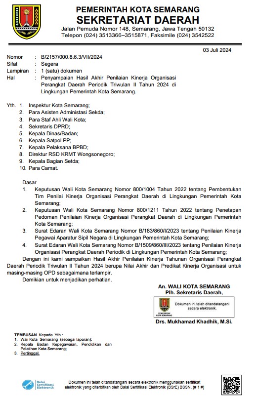 Pengumuman Nomor: B/2157/000.8.6.3/VII/2024 tentang Penyampaian Hasil Akhir Penilaian Kinerja Organisasi Perangkat Daerah Periodik Triwulan II Tahun 2024 di Lingkungan Pemerintah Kota Semarang