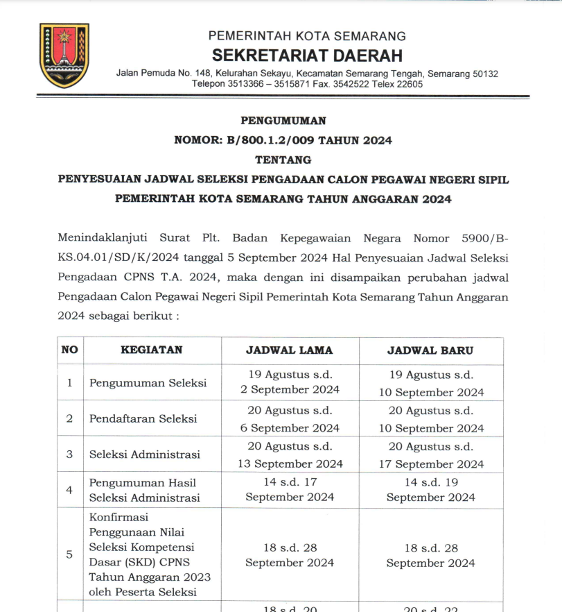 Pengumuman Penyesuaian Jadwal Seleksi Pengadaan Calon Pegawai Negeri Sipil (CPNS) Pemerintah Kota Semarang Tahun Anggaran 2024